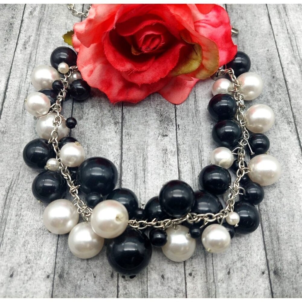 Black & White Cluster Ball Bead Collar Necklace Black Faux Suede & Silver Tone